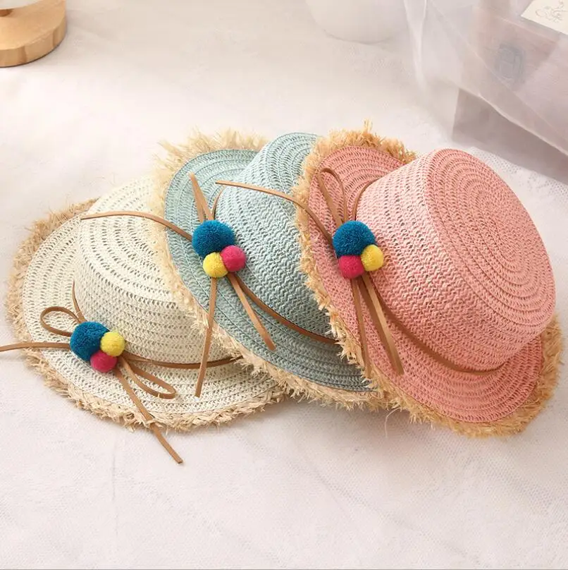 lovely Child sun Hats Summer color ball bowknot Style Child Sun hat Girl Floppy Wide Brim Beach Cap Flower Straw Hats 51-54cm