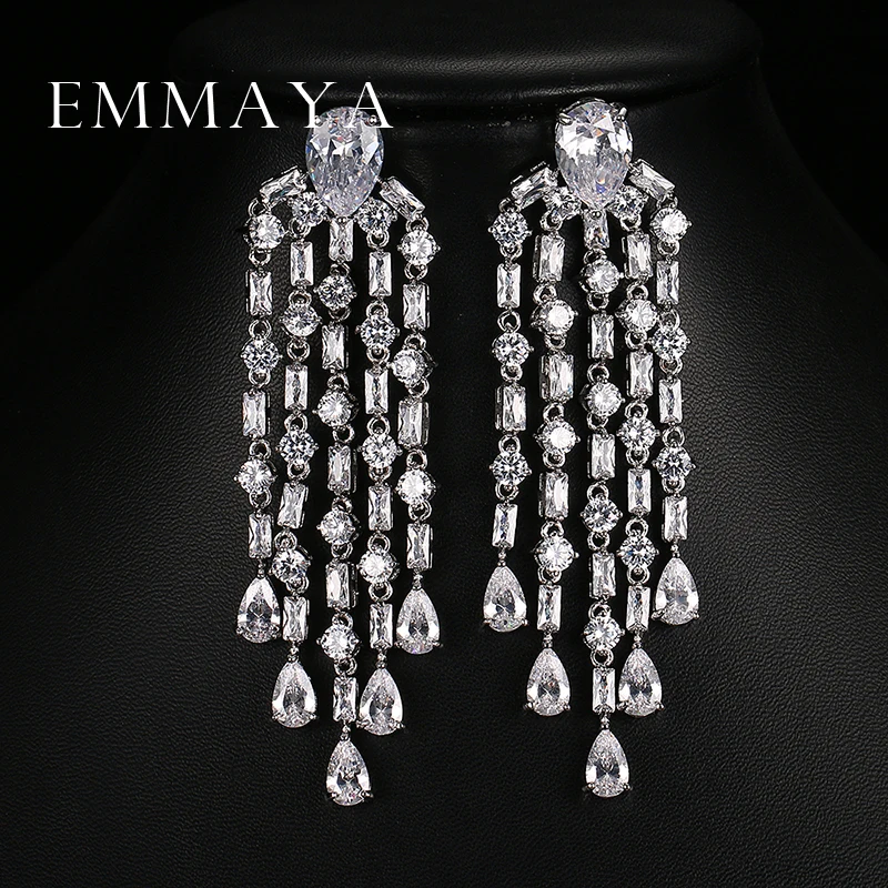 Emmaya Luxury Red Green Clear Blue Long Earrings For Women Wedding Party Drop AAA Shiny Cubic Zirconia Tassel Dangle Jewelry