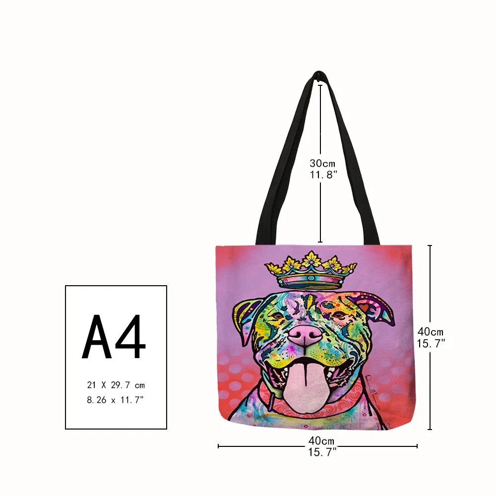 Personalized Oil Paint Bull Dog Terrier Print Tote Bag Linen Reusable Shopping Bags Women Fabric Handbags Customized Pattern