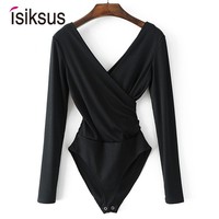 isiksus Black Summer Sexy Bodysuit Women Long Sleeve Backless White V Neck  Short Jumpsuits Open Crotch Bodysuit For Women JS027