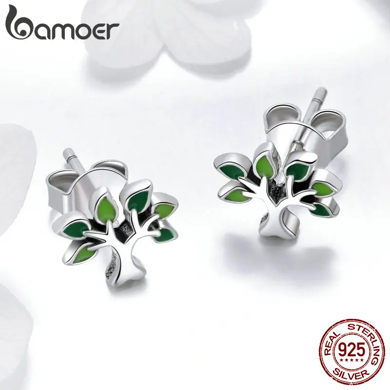 BAMOER 100% 925 Sterling Silver Tree of Life Stud Earrings Tree Leaves Leaf Earrings for Women Fashion Silver Jewelry SCE409