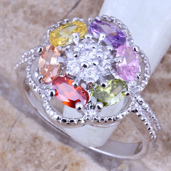 Elegant Multicolor Purple Cubic Zirconia Silver Plated  Women's Jewelry Ring Size 6 / 7 / 8 / 9 R0401