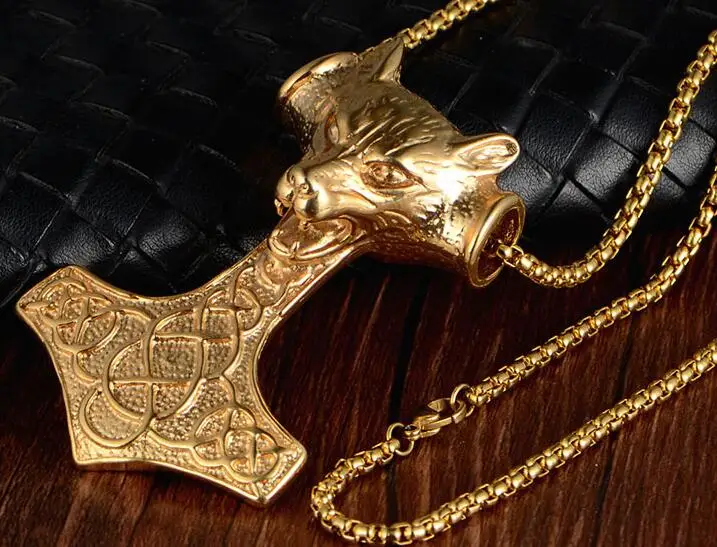 

Gothic Vintage Biker Stainless steel BOX CHAIN Necklace thunder hammer wolf head pendant large 50*78mm