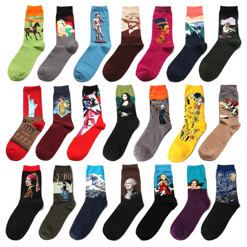 Novelty 1 Pair Men Socks Cotton Starry Night Art World Famous Oil Painting Happy Socks Funny Harajuku Calcetines Hombre