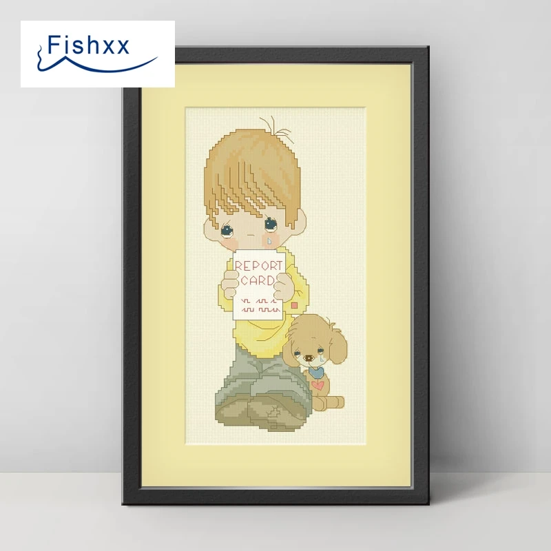 European Style Hanging Pastoral Style Cartoon Characters Fishxx Cross Stitch Kit H087 Crying Boy And Puppy Ivory White Cloth