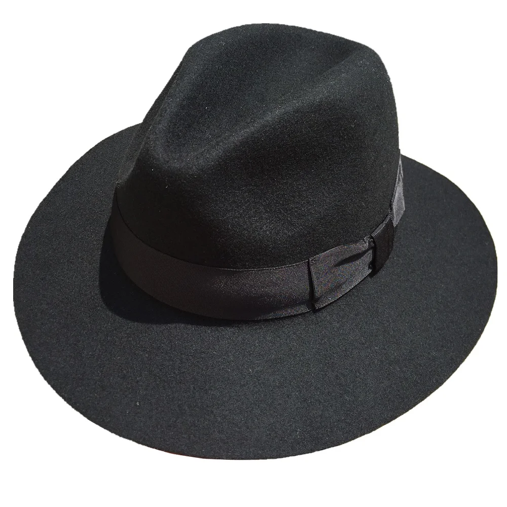 Fashion Black Wool Felt Wide Brim Fedora Hat For Men or Women -7 cm  Brim