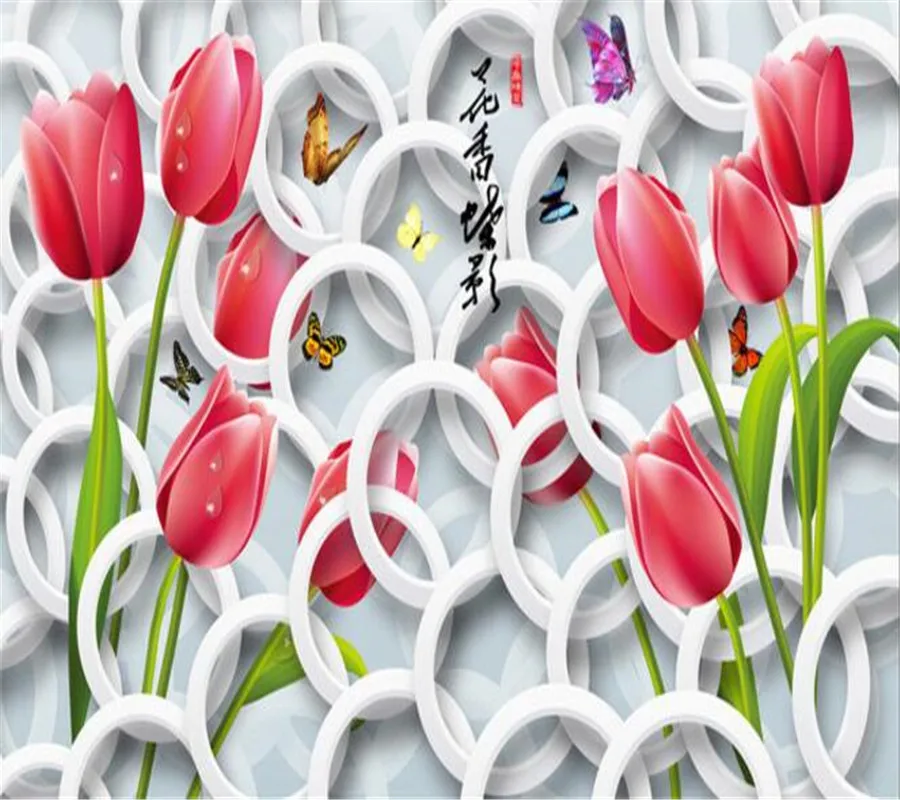 Beibehang tapete für wohnzimmer Floral Tulpe Schmetterling 3D stereoskopischen Kreis Hintergrund Wand Dekorative 3d tapete wandbild