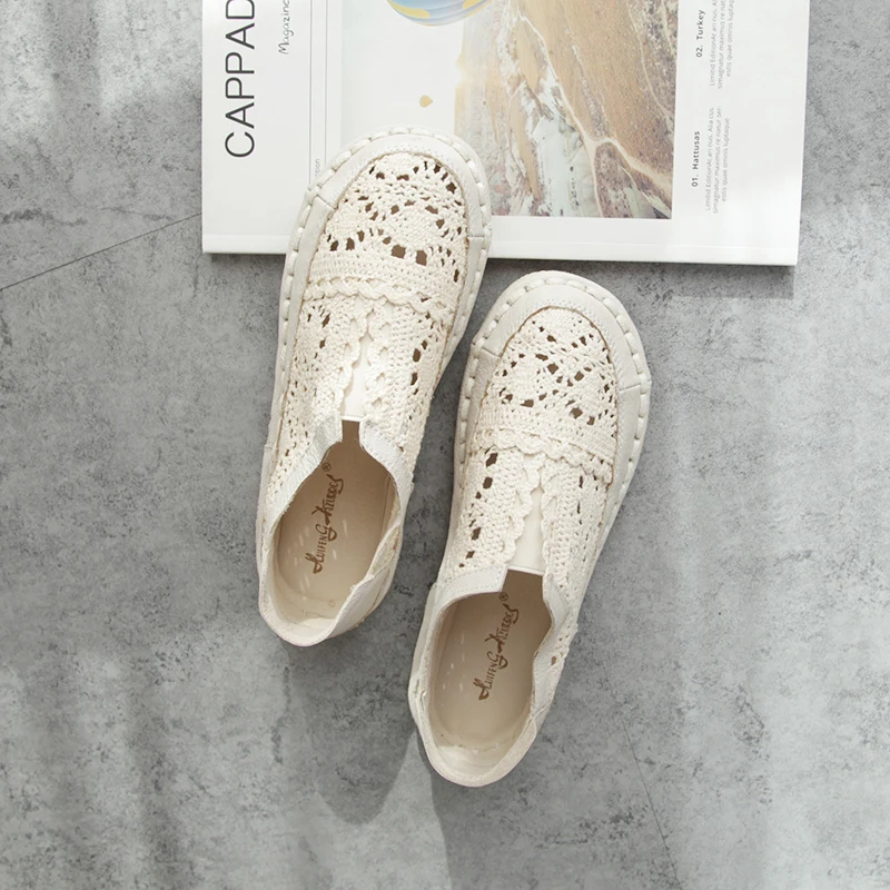 Genuine leather shoes pure handmade lazy shoes lace hook Ladies flower casual shoes Sweet art flat shoes 2color