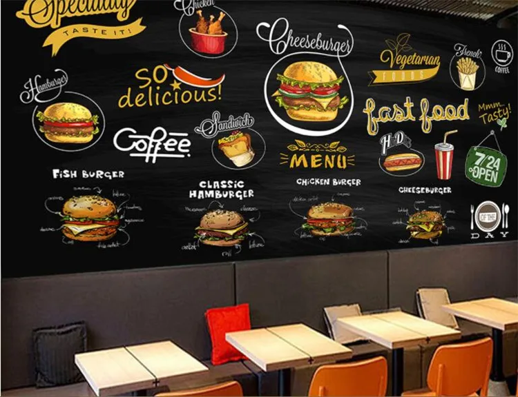 HD hand-painted blackboard pizza hamburger restaurant background wall papel de parede wallpaper  papier peint