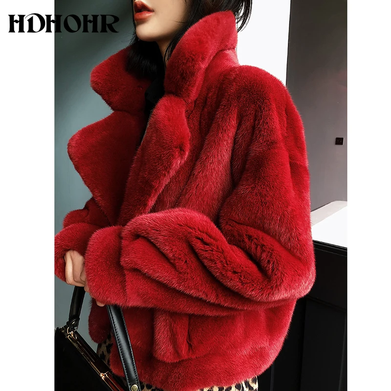 

HDHOHR 2024 New 100% Real Mink Fur Coat Women Fashion Essential Natural Mink Coat Short Christmas Red Outerwear Winter Jacket