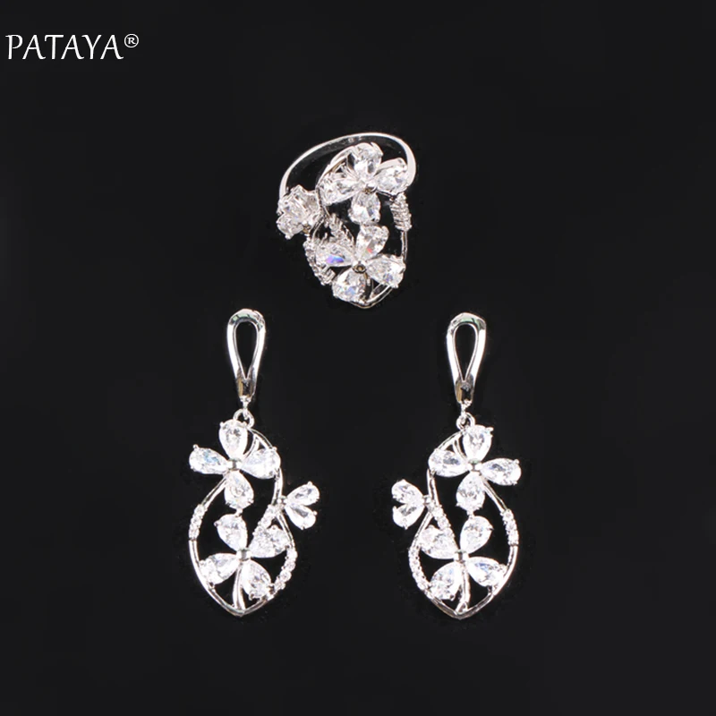 PATAYA New Light Blue Flowers True White Gold Color Jewelry Sets Natural Zirconia Ring Long Earring Set Women Romantic Jewelry
