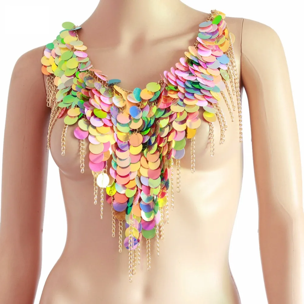 Fashion Multi Color Sequins  Woman Tassel Halter Necklace Sexy Club Tops Chain Bra Holiday Vocation Party EDM Outwear Jewelry