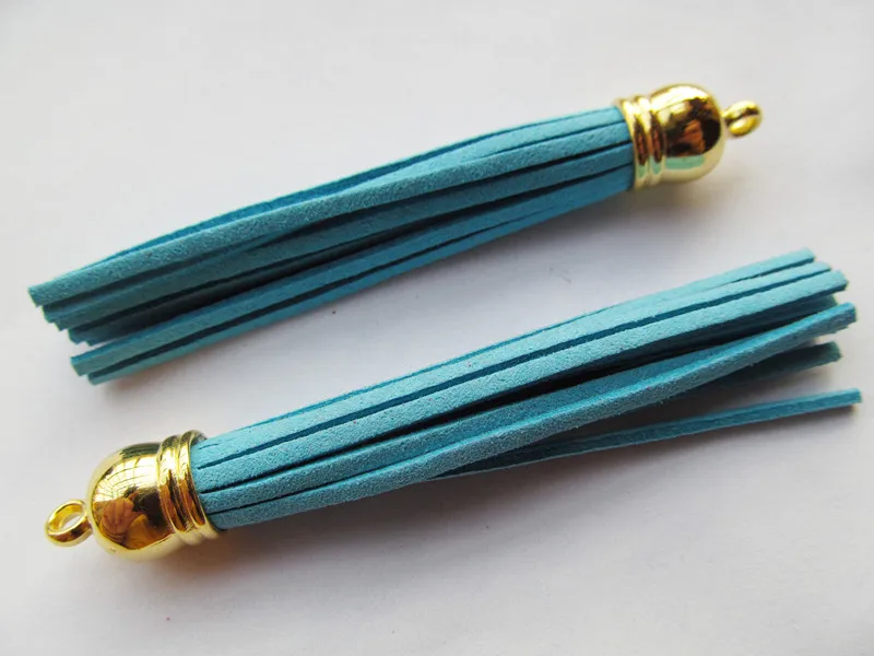 Free Shipping 100Pcs 90mm Fresh BlueSuede Leather Jewelry Tassel For Key Chains/ Cellphone Charms Top Plated End Caps Cord