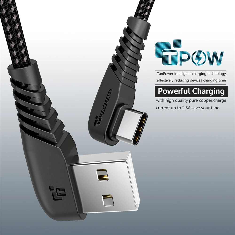 Кабель TIEGEM USB-C для Samsung S9, S10 Plus, Quick Charge 3,0, прямоугольный, для быстрой зарядки и передачи данных, для игр, USB-C провод
