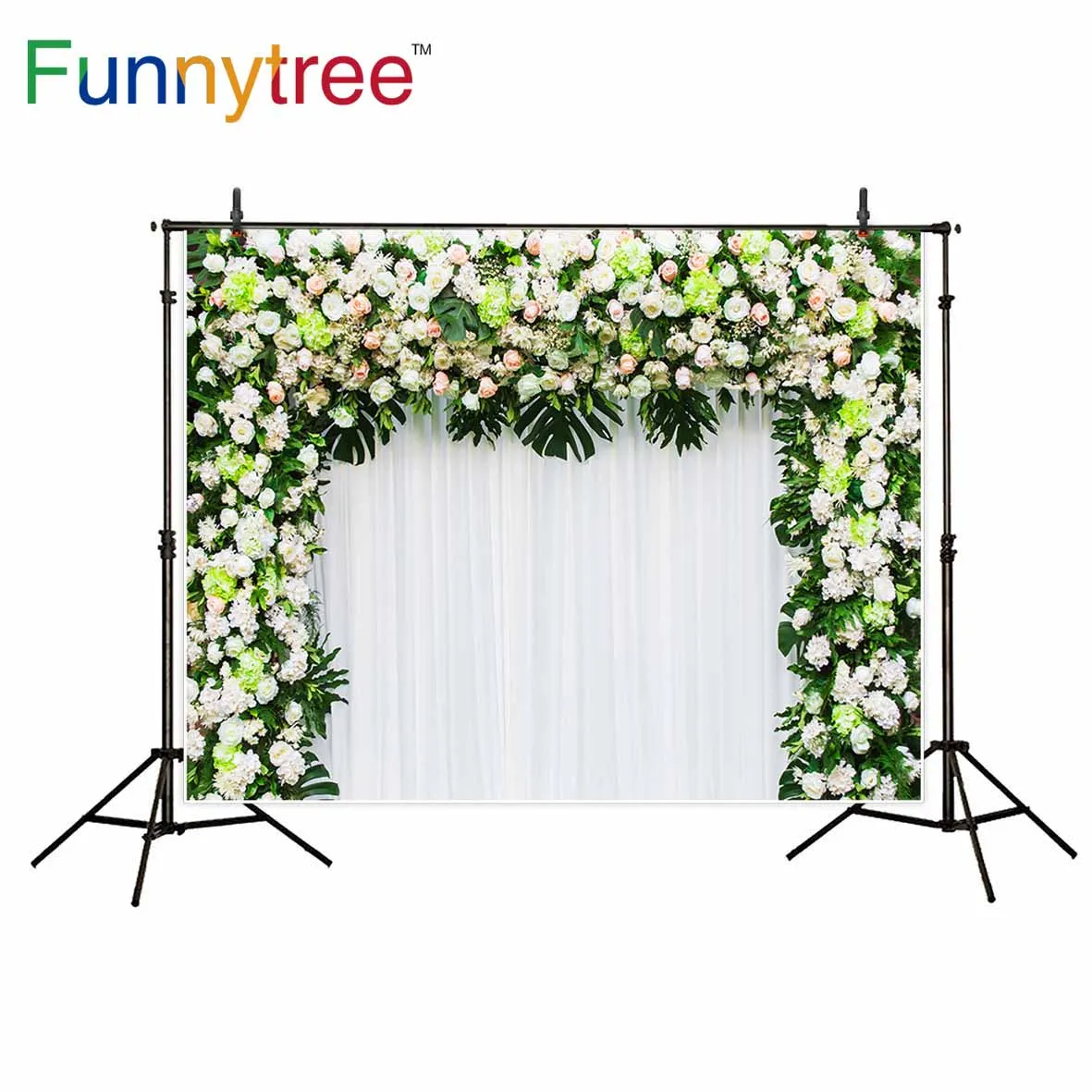 Funnytree Flowers and green tropical leaves backdrop for wedding Square arch white curtains decoration photocall photo booth