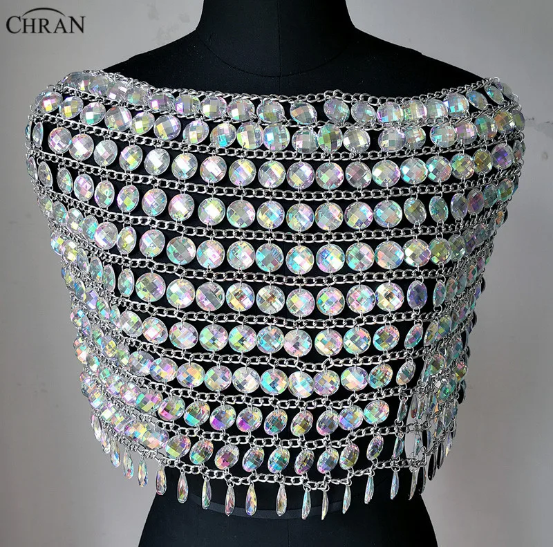 Chran AB Irridescent Skirt Belly Waist Belt Disco Party Dress Beach Cover Up Chain Cape Necklace Bra Bralette Jewelry CRS217