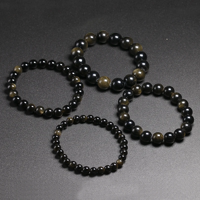 Genuine Black Gold Obsidian Women Men Stretch Powerful Bracelets 6 8 10 12mm  Gemstone Round Beads Natural Stone Bracelet Gift