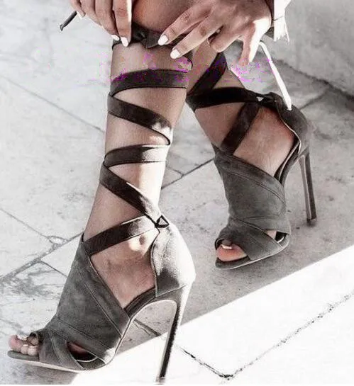 cross-tied lace up high heels peep toe gladiator sandal grey color women summer dress sandal stiletto heel pumps