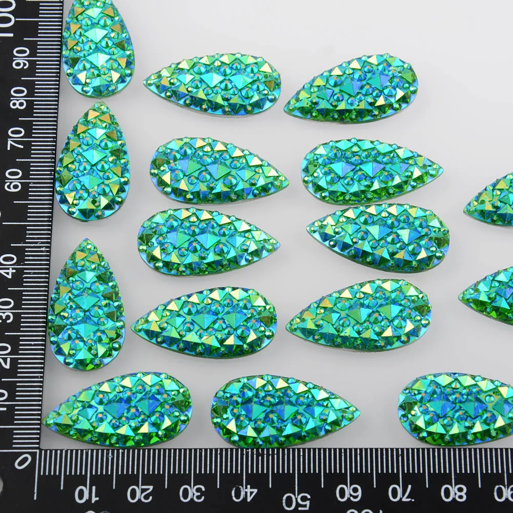 BOLIAO 10Pcs 16*30mm (0.63*1.18 in) AB Color Drop Green Rhinestones Flatback Resin Sew On Craft/Wedding/Home Decoration DIY