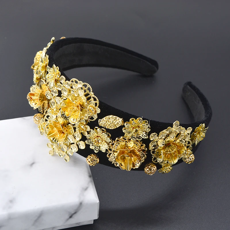 Fashion Golden Sunflower Leaf Crown Baroque Retro Hair Band Pearl Hair Jewelry Wedding Tiara Accessories Gift For Women Part