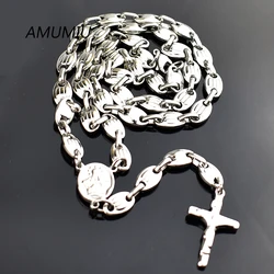 AMUMIU 6mm Christmas Religious Necklace Jewelry Catholic Stainless Steel Cross for Men Beads Rosary HN088