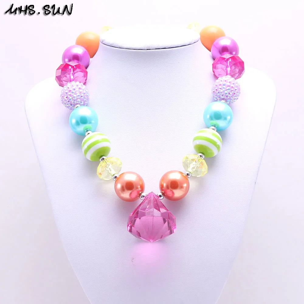 MHS.SUN Colorful Chunky Beads Necklace With Water Drop Pendant Fashion Child/Kids/Girls Bubblegum Necklace Jewelry New