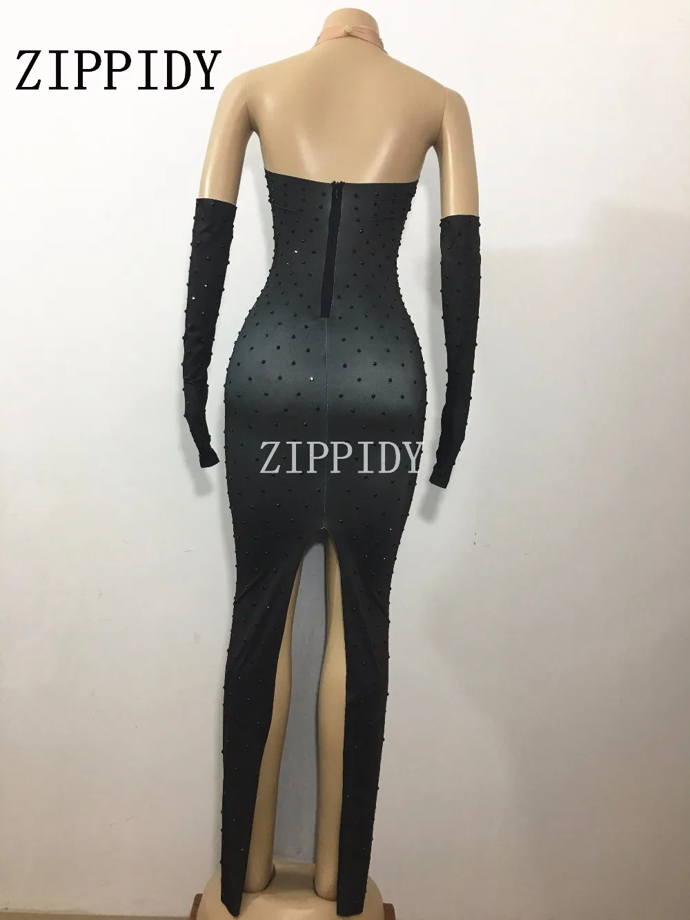 Sexy Black Rhinestones Long Dress Gloves Costume Singer Stage Show Evening Party Celebrate  Dresses Women's Dance Wear