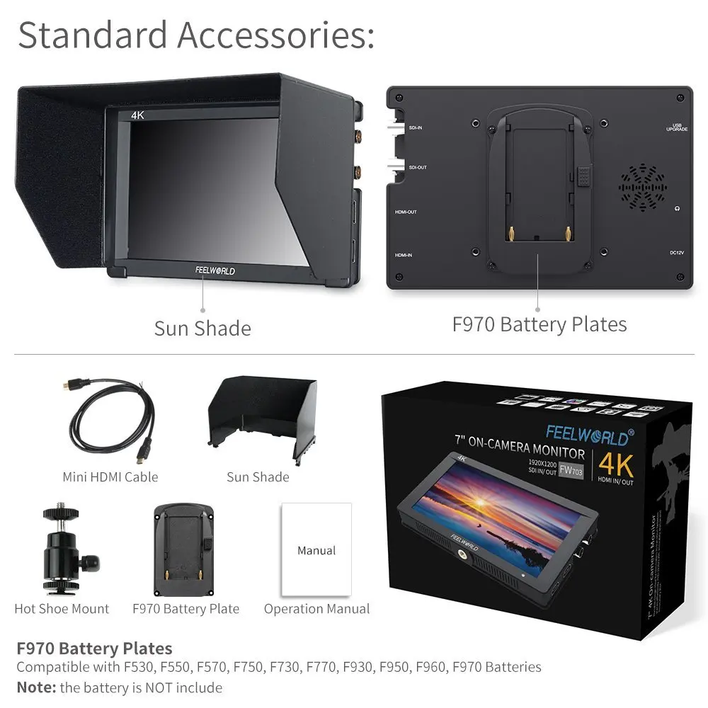 FEELWORLD FW703 7 بوصة IPS Full HD 3G SDI 4K HDMI على الكاميرا DSLR شاشة ميدانية 1920x1200 مع التاريخ للمثبت Gimbal