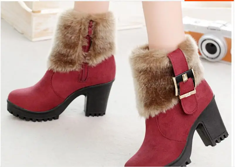 Fashion Women Casual Platform Female Suede Buckle Short Ankle Boots Shoes Block High Heels Winter Warm Faux Fur Snow Boots