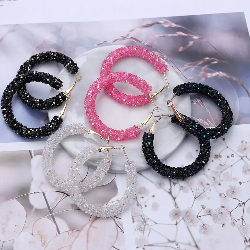 Hoop Earrings for Women Big Shiny Crystal Bohemian Bead Earings Metal Round Statement Earrings Fashion Ear Jewelry EB711