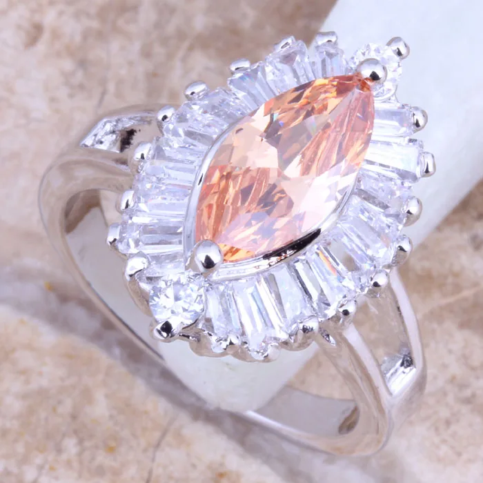 Enchanting Champagne Morganite White CZ Silver Plated  Women's Ring Size 6 / 7 / 8 / 9 R1421