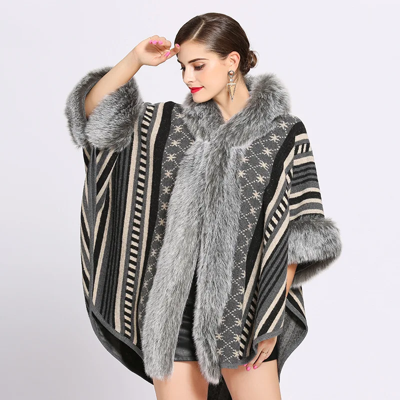 4 Colors Oversize Women Printed Striped Coat Female Long Sleeves Knitted Cardigan Cloak With Hat Winter Faux Rabbit Fur Poncho