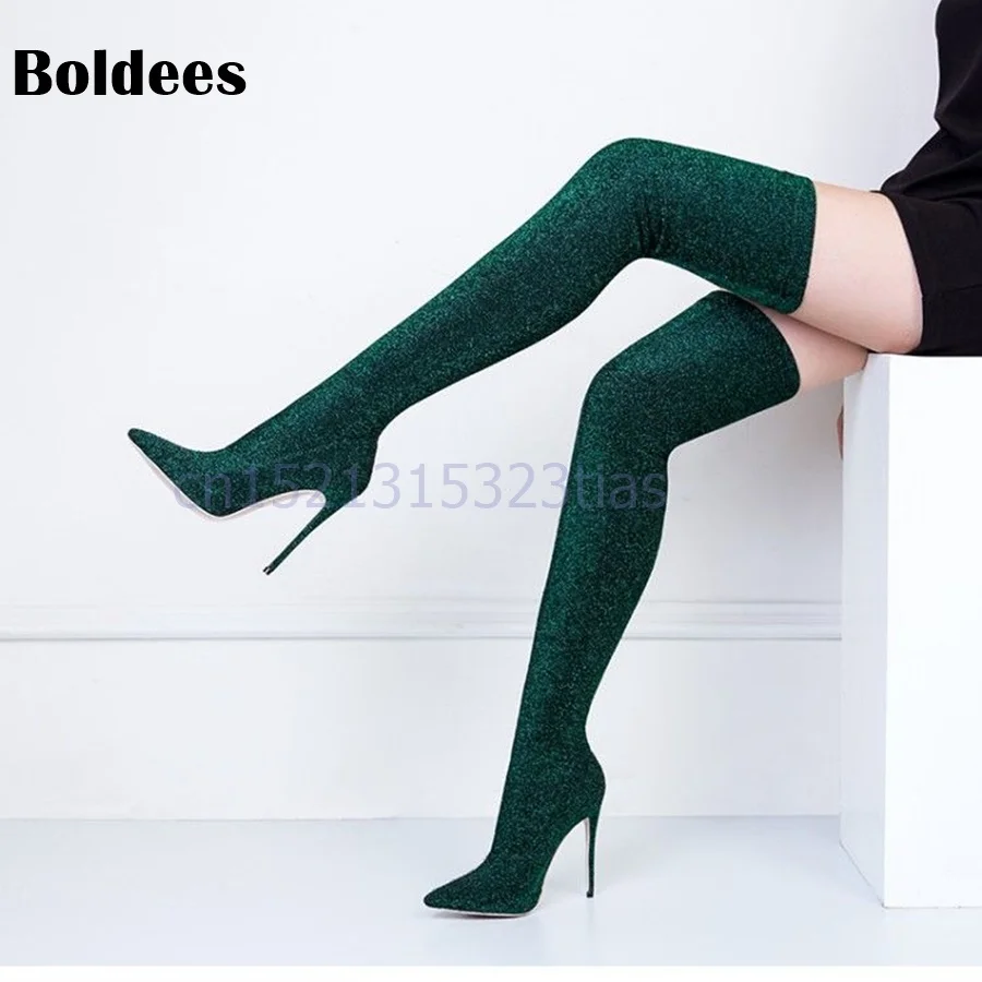 Sexy High Heel Sock Boots Women Over The Knee Boots Pointed Toe Sequined Stretch Newest Fashion Long Boots