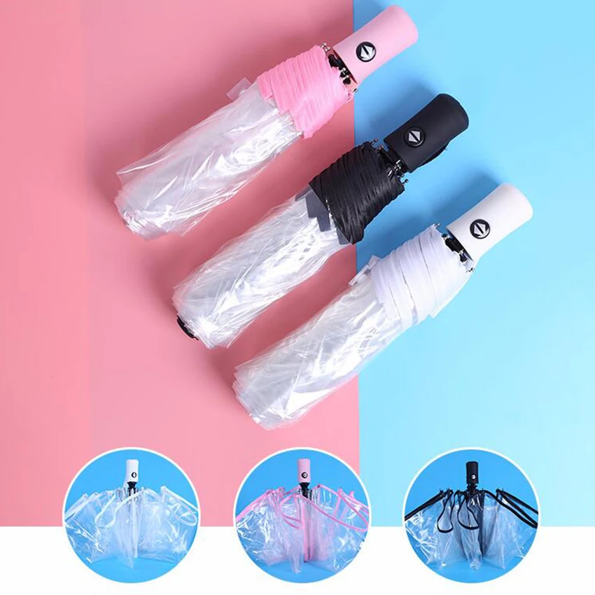 Transparent Windproof Umbrella for Women, Fully Automatic, Clear Folding Rain Umbrella, Female Foldable Parasol