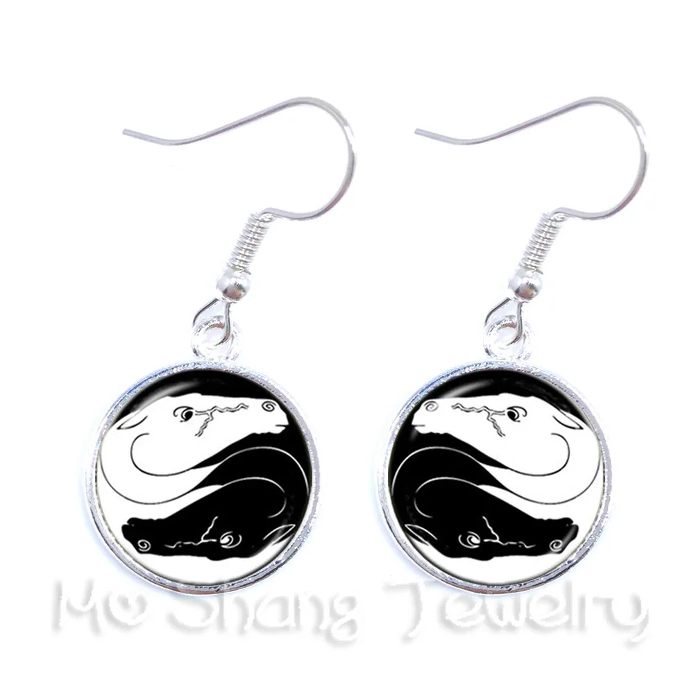 Yin Yang Glass Earrings Black and White Flower Symbol Jewelry Pendant Natural Rustic Boho Style Symbolizing Harmony