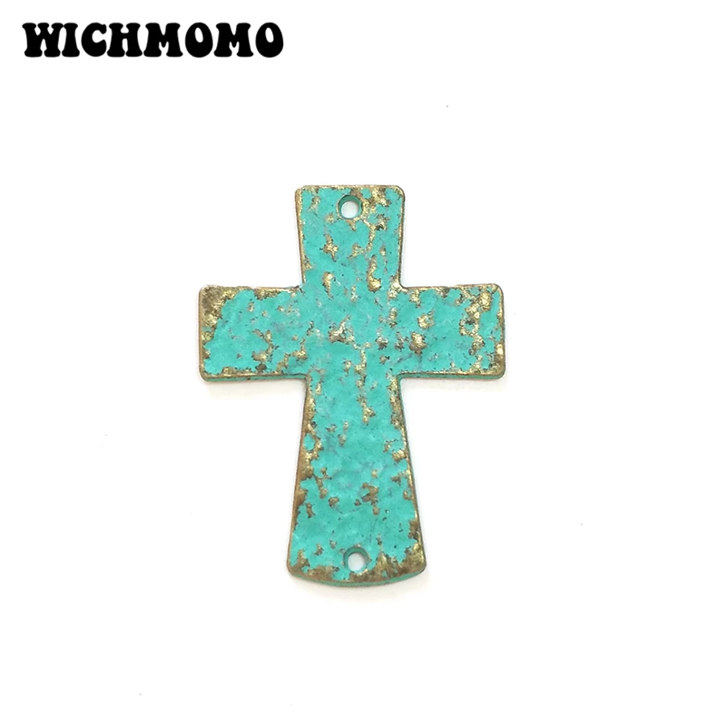 2021 New 40*30mm 5pcs Cross Porous Linker Retro Patina Plated Zinc Alloy Green Connectors for DIY Necklace Charms