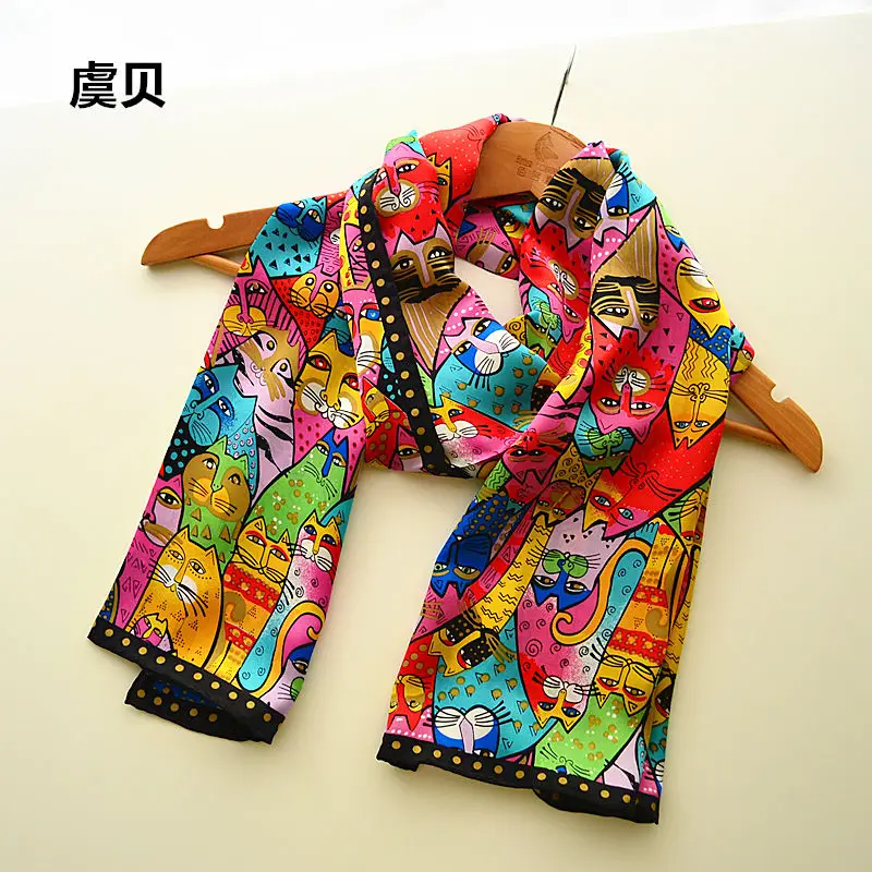 Colorful cats long scarf women sunscreen soft thin printed natural silk scarves wrap shawl foulard femme bandana gift for ladies