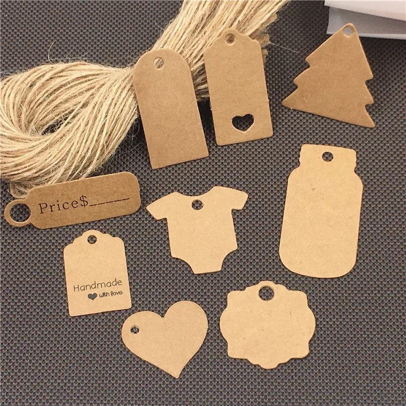 100 pcs multi cute kraft paper gift label tag handmade jewelry charms tag wedding favors /cookies decorative tag+100 pcs rope