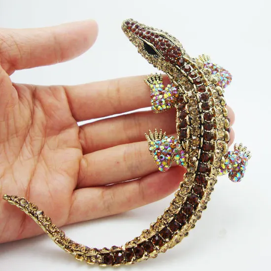 New Fashion Vintage Style Brown Crystal Rhinestone Huge Crocodile Decorative Pendant Brooch Pin