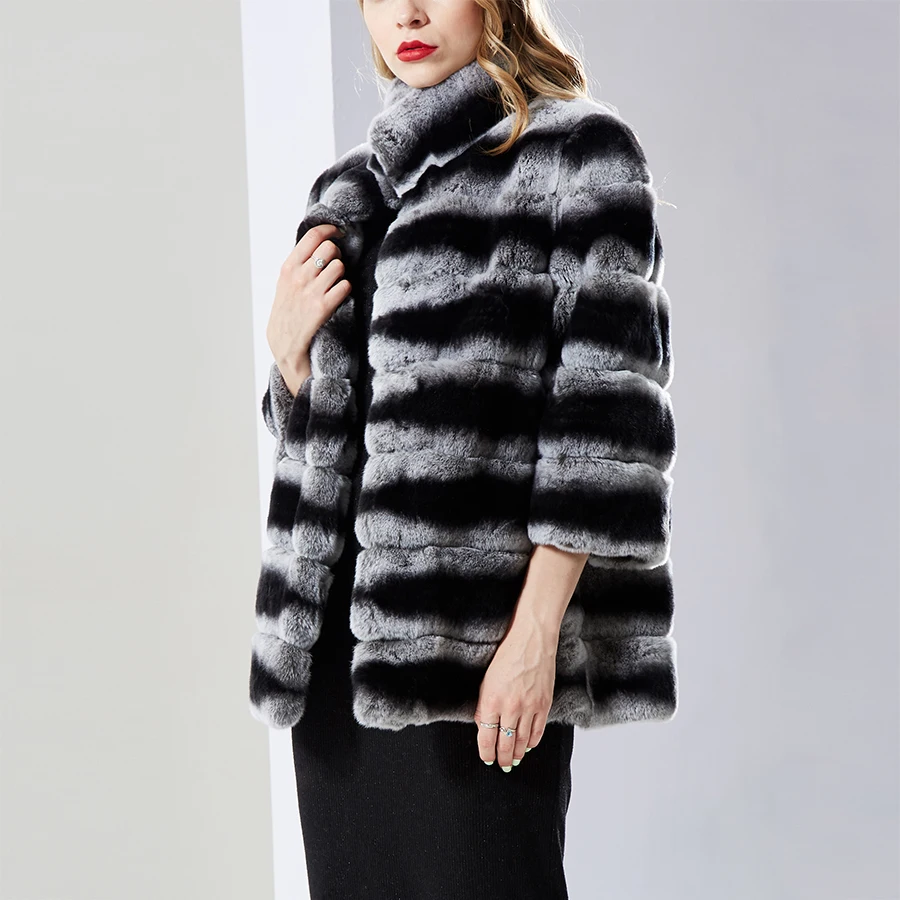 Real Chinchilla Rex Rabbit Fur Coat Women Genuine Fur Jackets Female Winter Warm Jackets Fashion High Quality Fur Coats