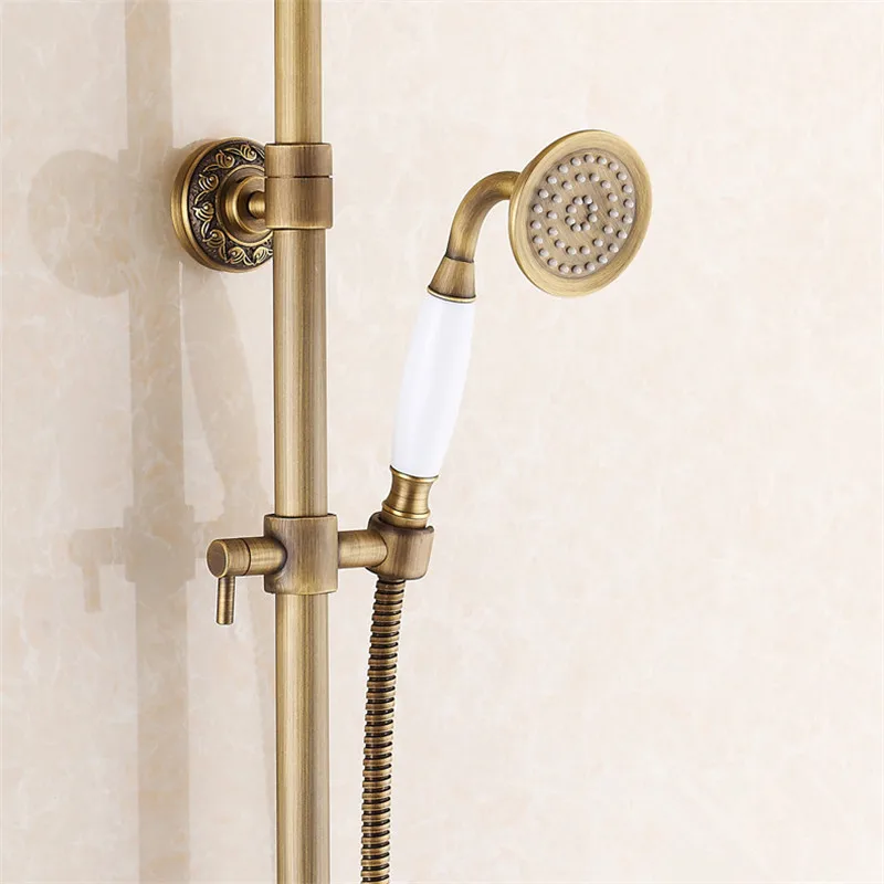 Imagem -04 - Antique Brass Shower Faucet Grupo Torneira Misturadora de Banheira Chuveiro Portátil Wall Mounted Rainfall Bath Crane Wf6821