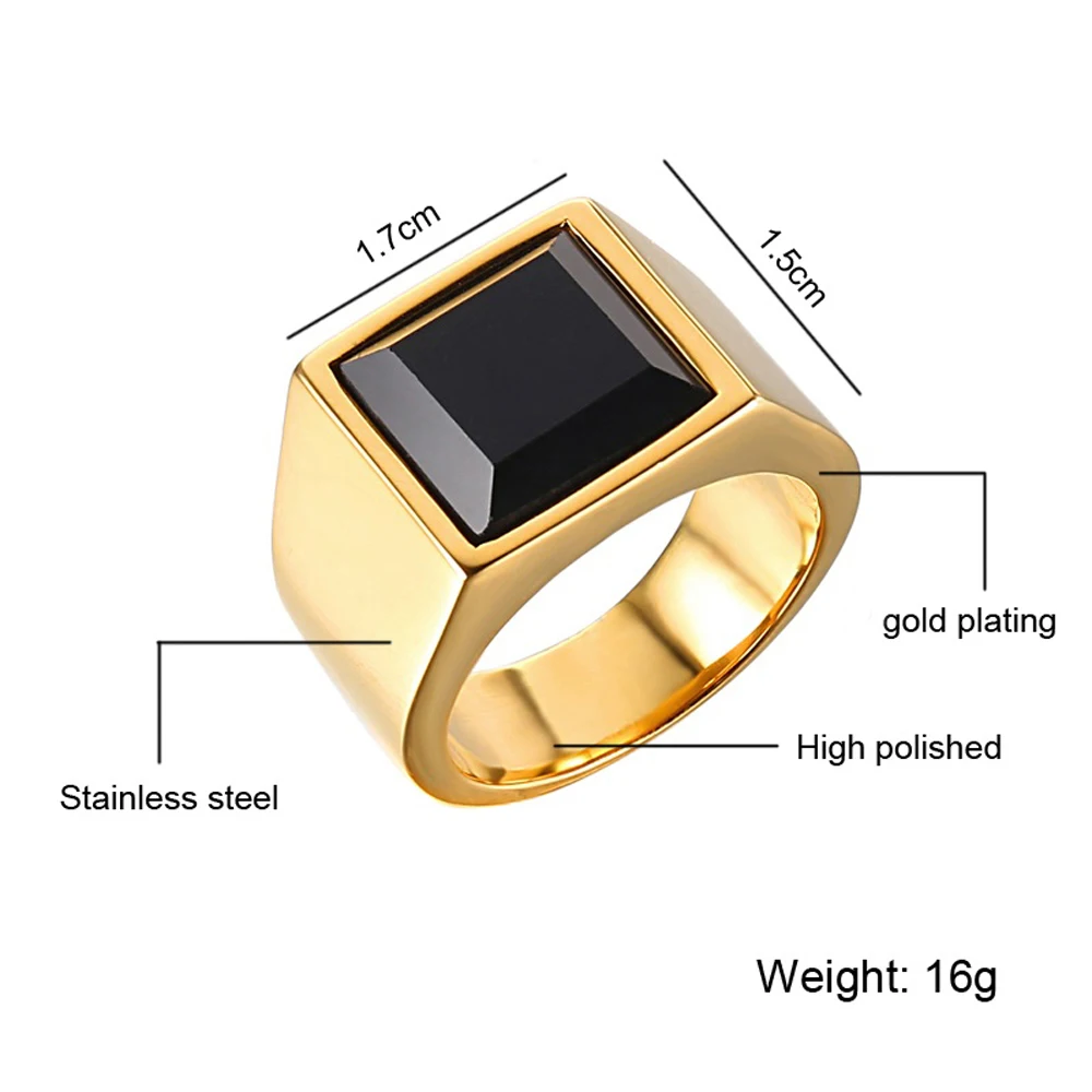 Hot Black Rings Mens Gold Silver Color AAA Glass Wedding Ring For Men Vintage Stainless steel Jewelry Wholesale