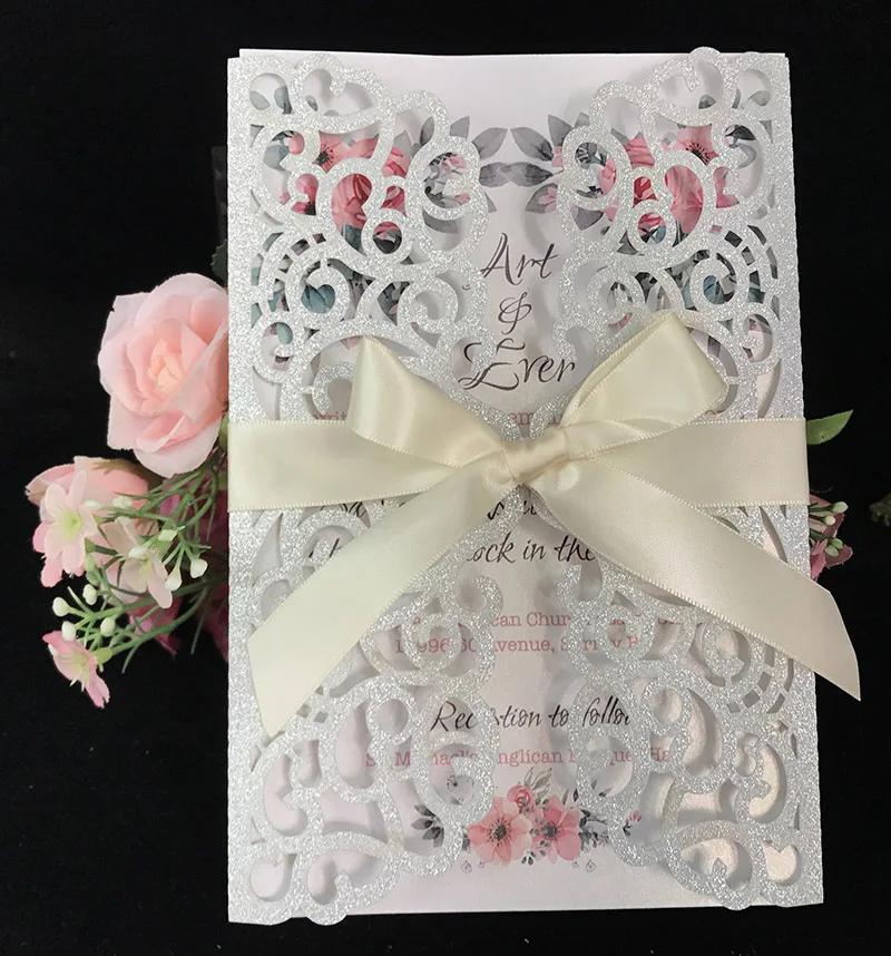 Free Shipping 1X Heart Snow laser cut wedding invitation cards Gold/Silver Glitter invite with envelopes inserts ribbons SAMPLE