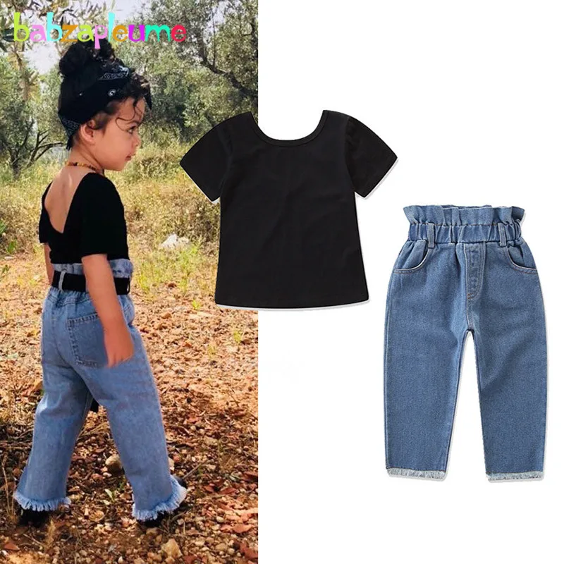 

2Piece Summer Kids Girl Clothes Set Korean Fashion Black V-neck Short Sleeve Baby Tops+Jeans Children Boutique Clothing BC1087