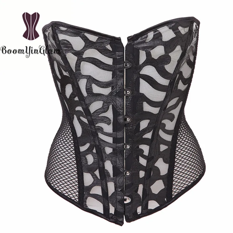 Wholesale White Hollow Out Sexy Corset Transparent Corselet Mesh Net Korsett With G String Plus Size S-XXXL 930#