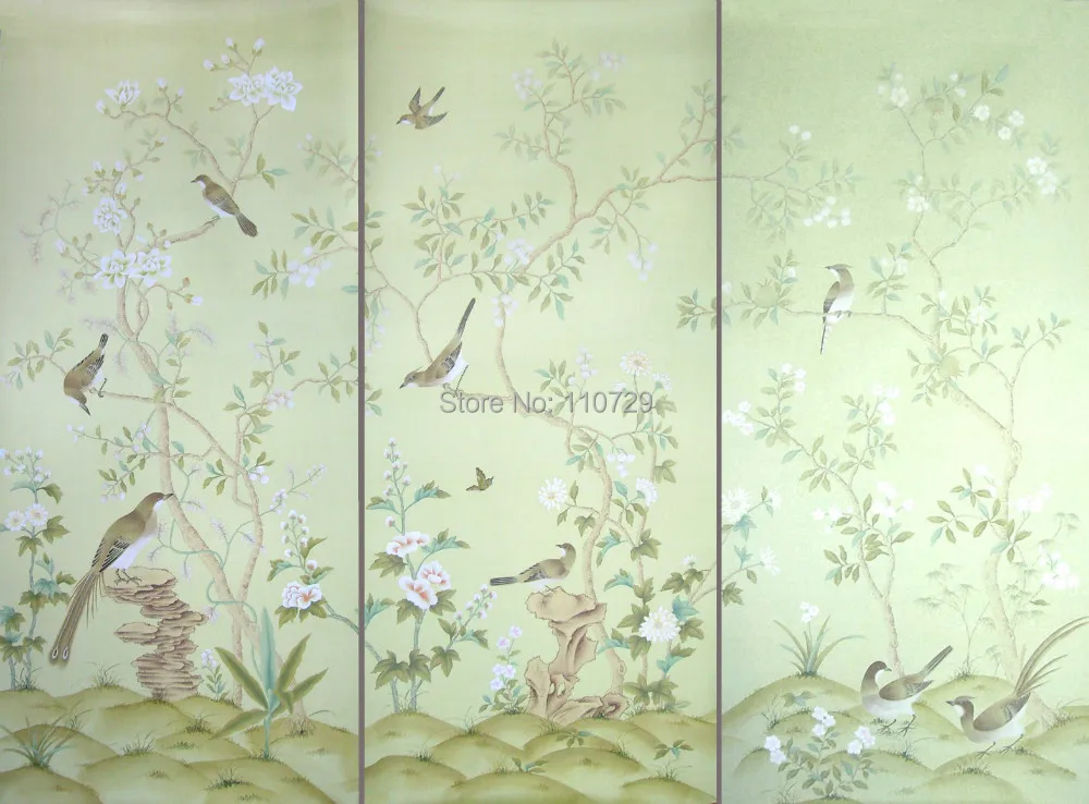 

Europe style Hand painted silk wallpaper HAND-PAINTED painting flowers with birds wallcovering many pictures/background optional