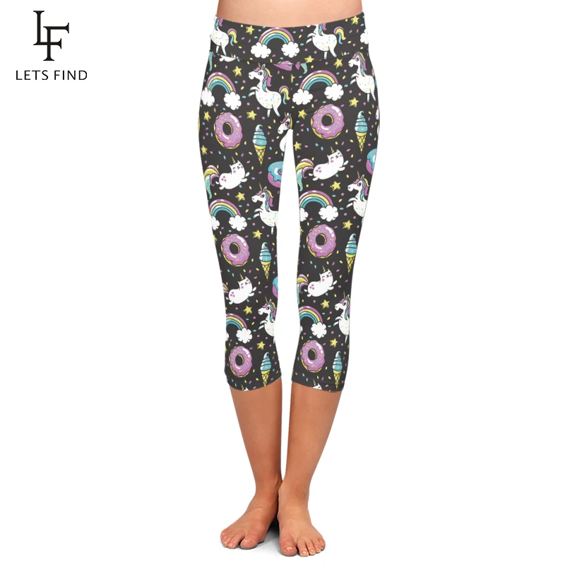 

Summer Women High Waist Capri Leggings 3d Unicorn Rainbow Star Cat Donuts Print Legging Sexy Woman Mid-Calf 3/4 Stretch Pants