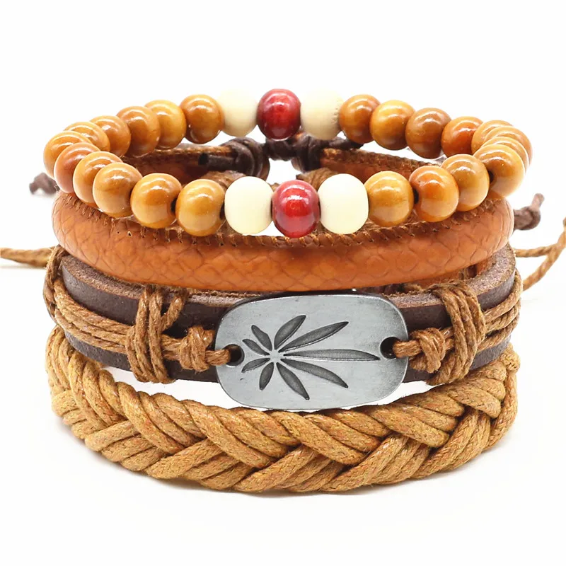 4pcs/set Handmade Fashion Trendy Vintage Handmade Wood Bead Charm Men Leather Bracelet For Women Jewelry Accessory