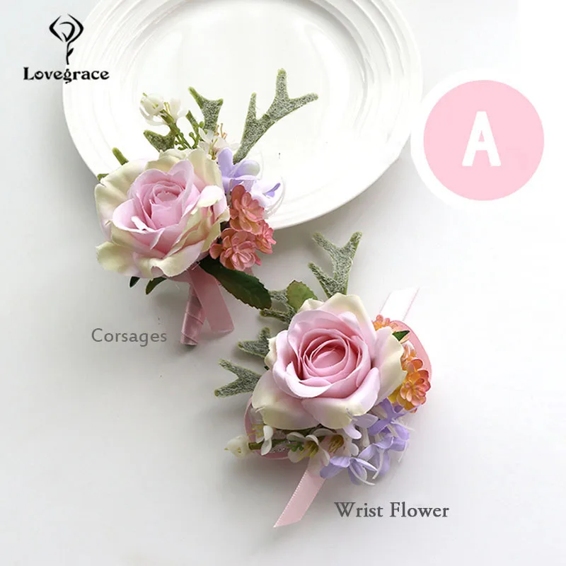 Wedding Accessories Boutonnieres Corsages Bracelets Bridesmaid Pink Silk Roses Groomsmen Buttonhole Marriage Cuff Wrist Corsages