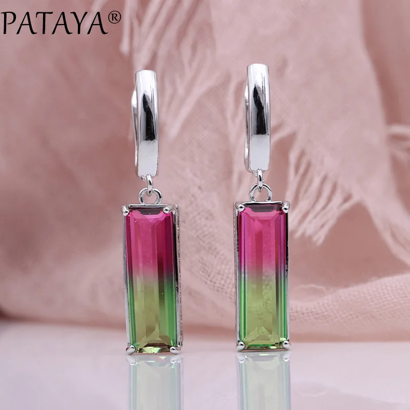 PATAYA New Gradient Blue Long Earrings Women Fashion Luxury Jewelry 585 Rose Gold Color Tourmaline Zircon Square Dangle Earrings